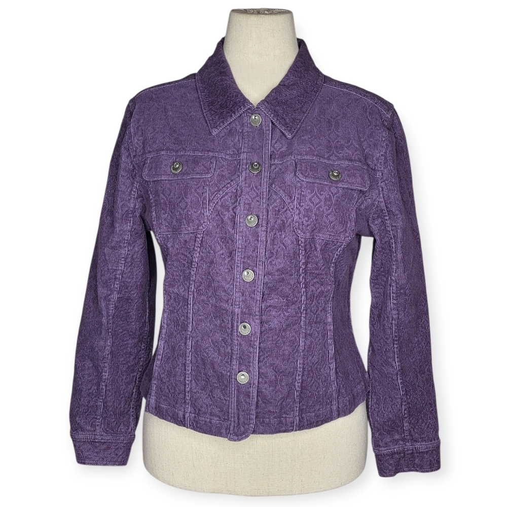 Christopher & Banks Purple Floral Corduroy Jacket Petite PM Stretch Fitted